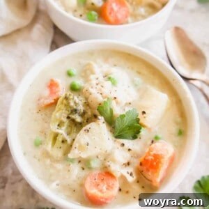 Slow Cooker Healthy Chicken Pot Pie Soup in a bowl.
