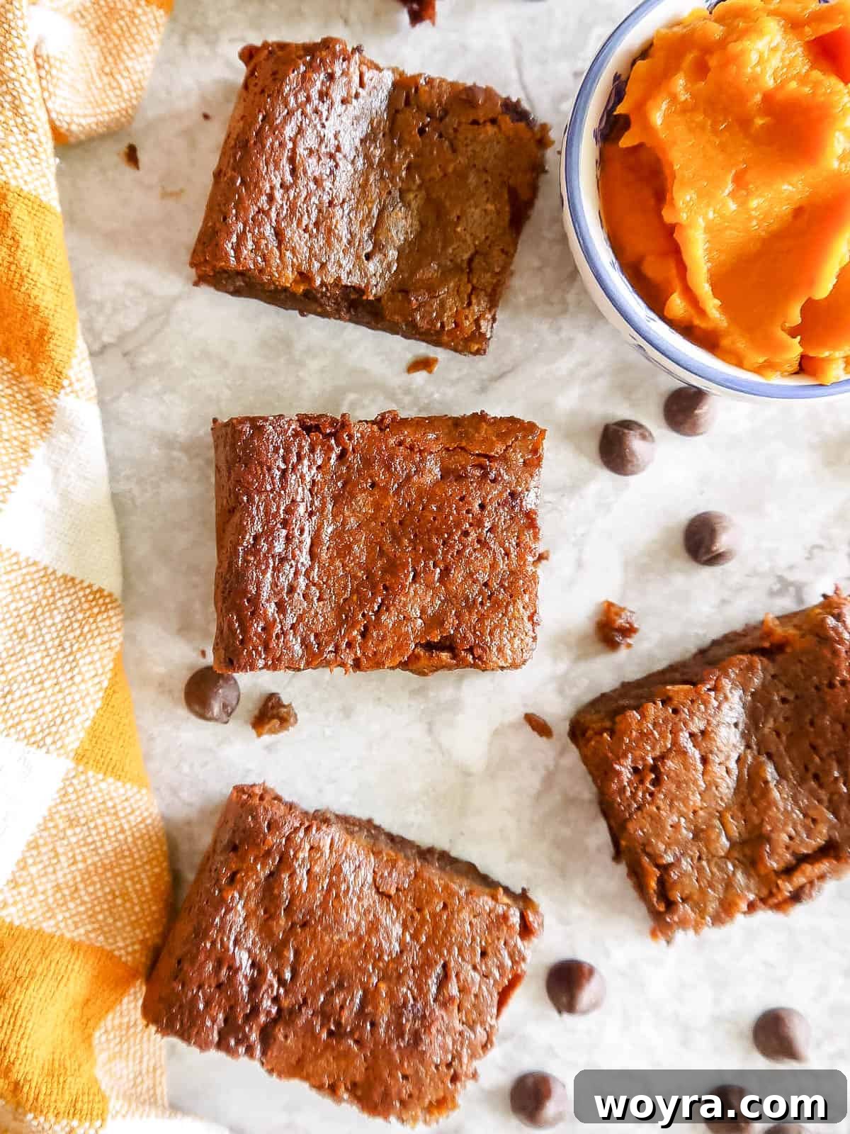 Fudgy Paleo Pumpkin Chocolate Brownies 4 Healthy Pumpkin Brownies, freshly baked and cut into squares, with extra chocolate chips scattered around.