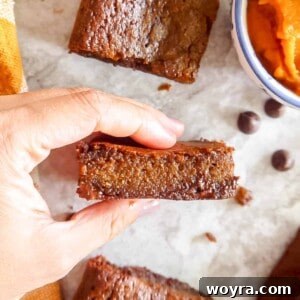 Fudgy Paleo Pumpkin Chocolate Brownies 6 Gluten-free Chocolate Pumpkin Brownies cut into pieces.