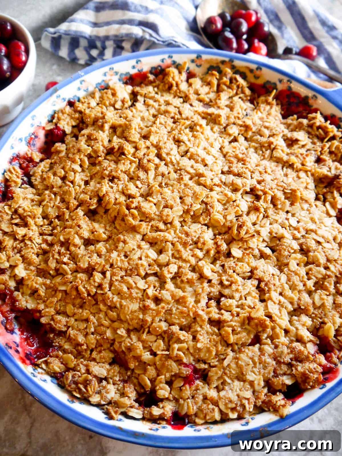 Spiced Pear Cranberry Crumble 3 Freshly baked pear and cranberry crisp cooling down, steam gently rising.