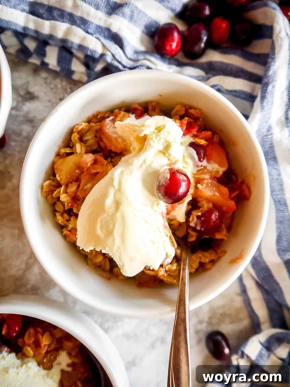 Spiced Pear Cranberry Crumble 10 Gluten-free Pear Cranberry Oatmeal Crisp in a bowl with a melting scoop of ice-cream on top, garnished with a sprig of mint.