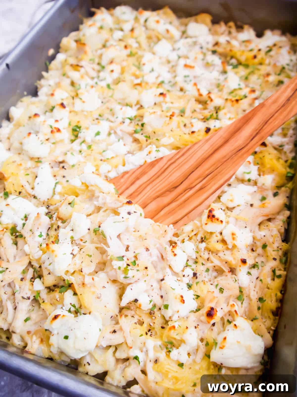 Clean-Eating Chicken Spaghetti Squash Casserole 3 Spaghetti squash chicken casserole fresh out of the oven.