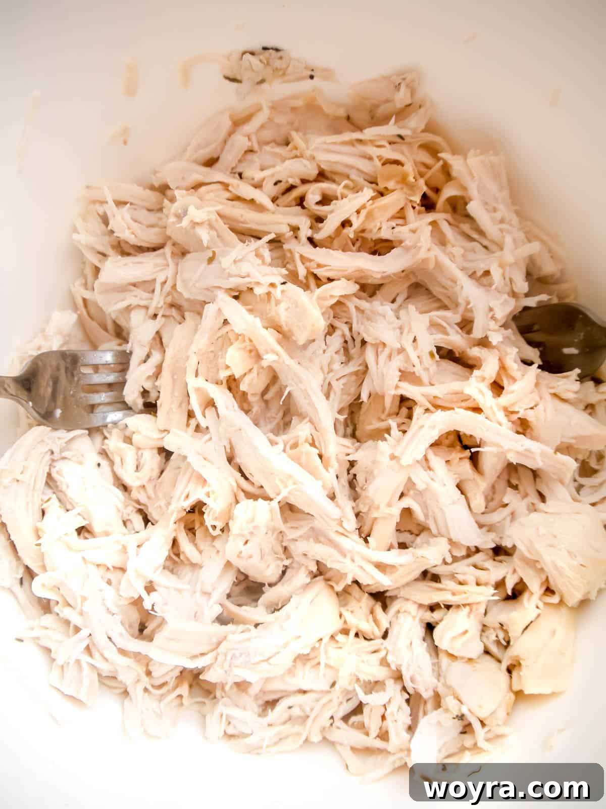 Clean-Eating Chicken Spaghetti Squash Casserole 5 Shredded chicken in a bowl.