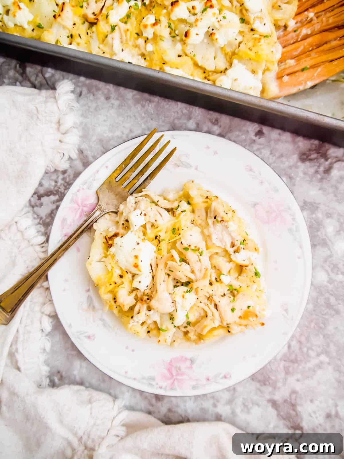 Clean-Eating Chicken Spaghetti Squash Casserole 9 Paleo chicken casserole in a plate.