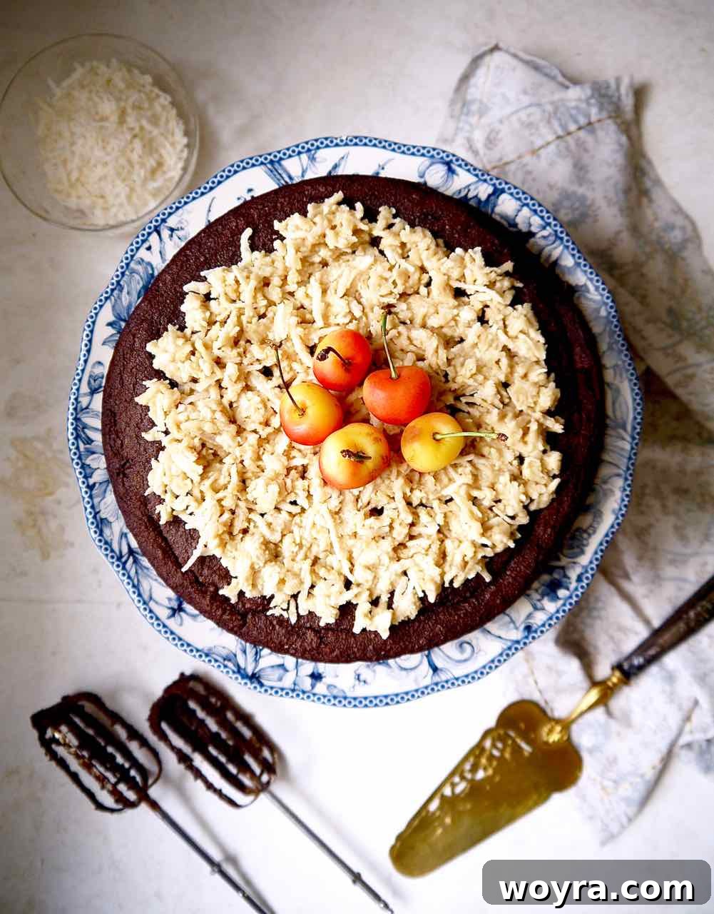 Paleo German Chocolate Cake 11 A close-up of the delightful caramel coconut topping on the Paleo German Chocolate Cake, highlighting its rich texture and natural ingredients. Gluten-free and dairy-free.