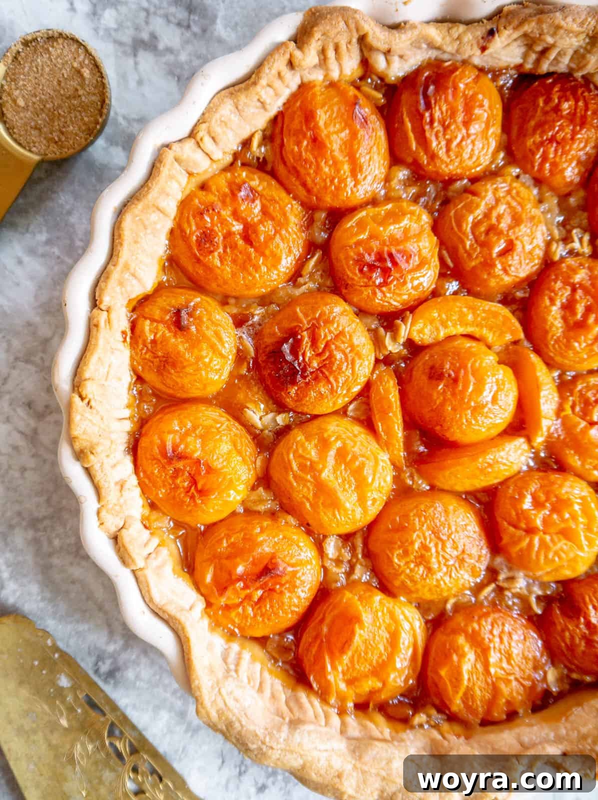 Effortless Apricot Tart 8 A freshly baked apricot tart in its pan, golden brown and bubbly, cooling after coming out of the oven.