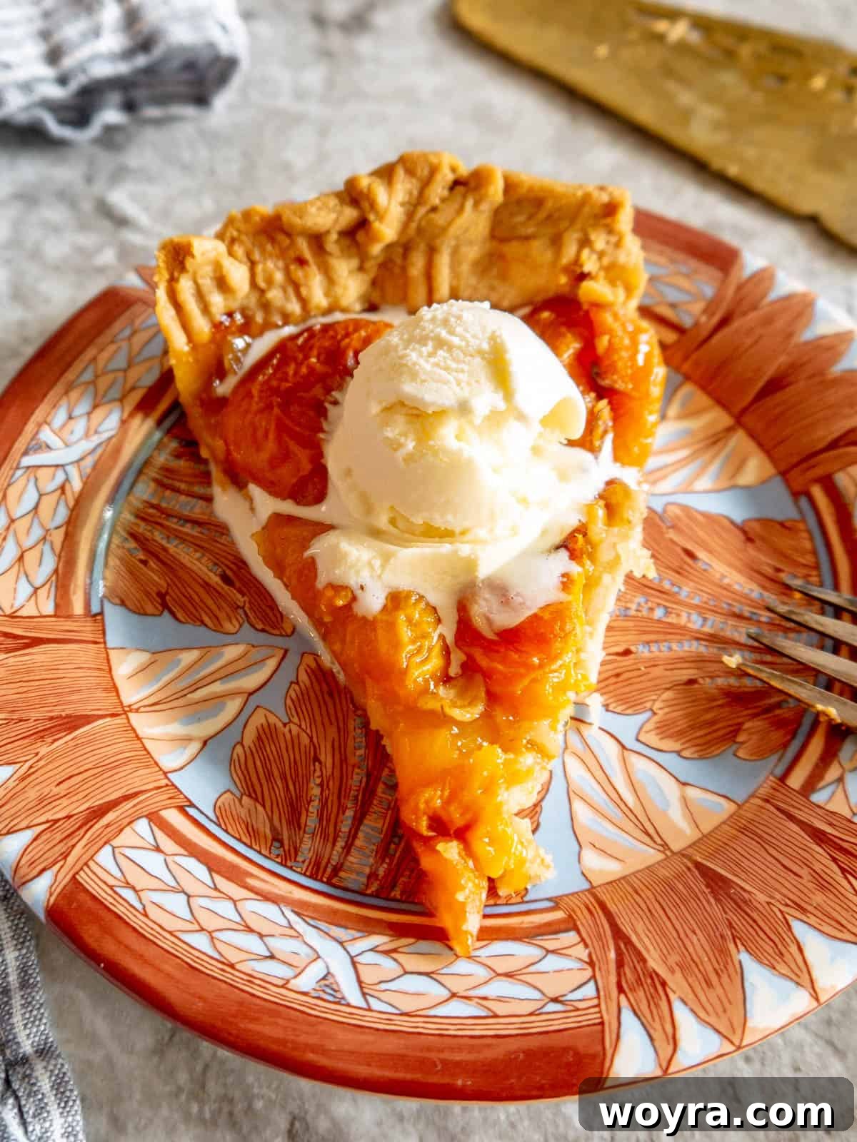 Effortless Apricot Tart 9 A beautiful slice of apricot tart served with a scoop of vanilla ice cream, perfect for dessert.