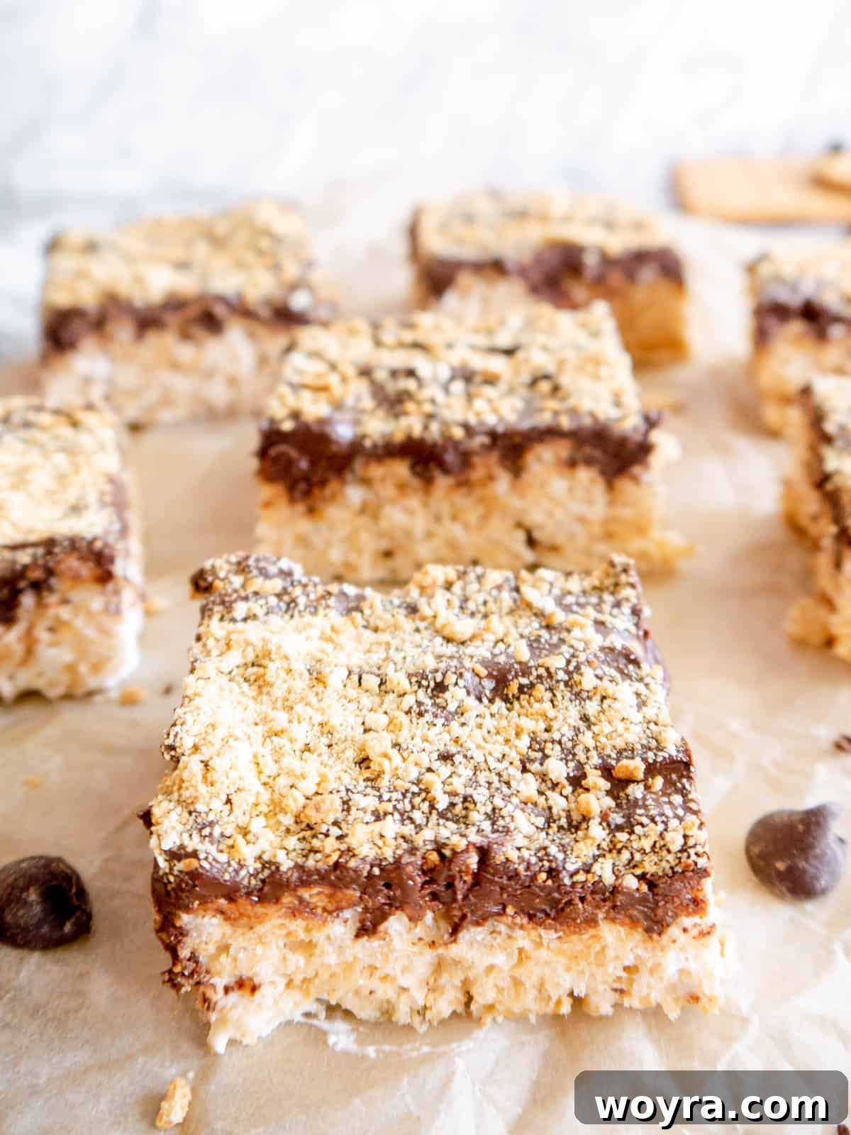 Campfire S'mores Krispie Bars 3 A close-up of a single S'mores Rice Krispie Treat square, showing the distinct layers of graham cracker, marshmallow cereal, and chocolate with a sprinkle of crushed graham crackers on top.