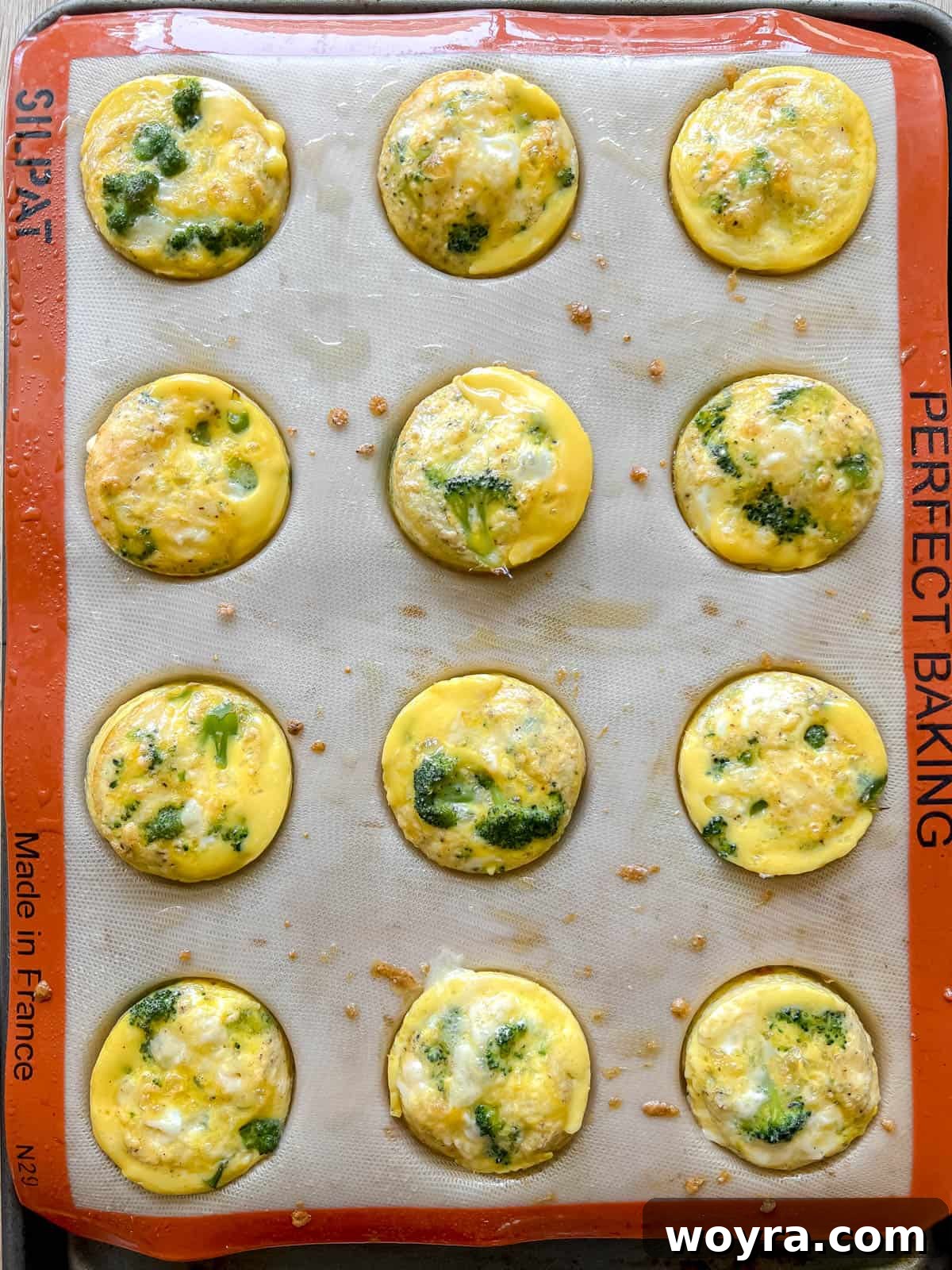 Freshly baked broccoli cheddar egg muffins cooling in silicone tins right out of the oven.