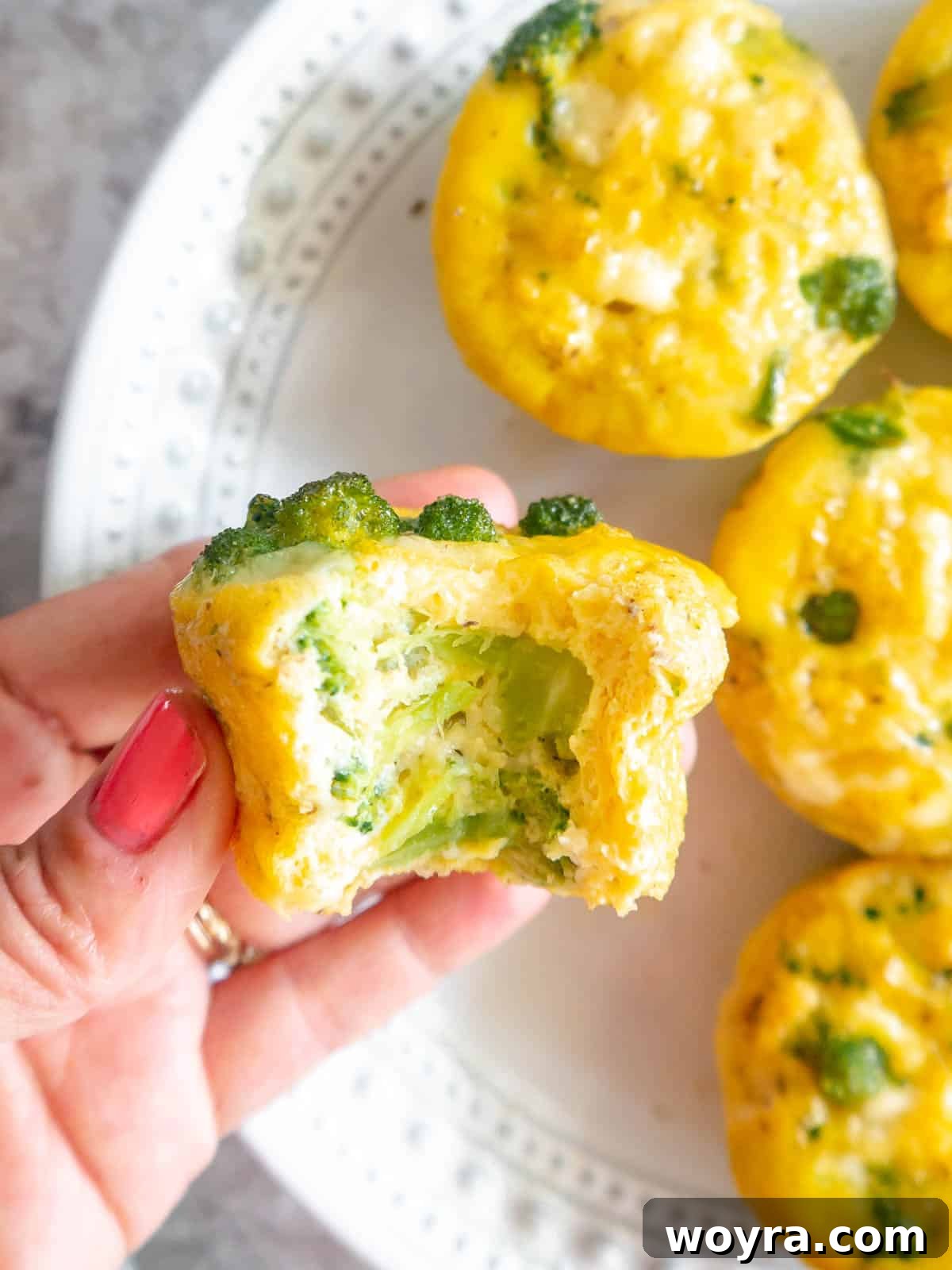 A close-up of a Broccoli Cheddar Egg Bite with a bite taken out, showing the fluffy egg and melted cheese.