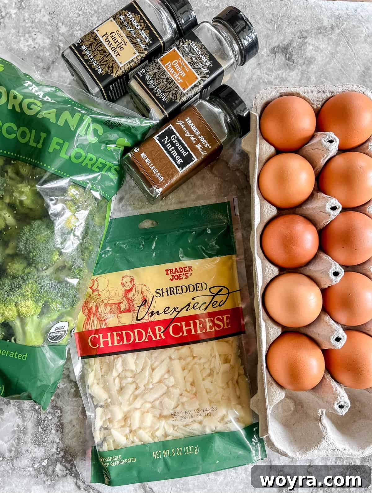 Savory Broccoli Egg Cups 4 Broccoli egg muffin ingredients laid out on a counter top.
