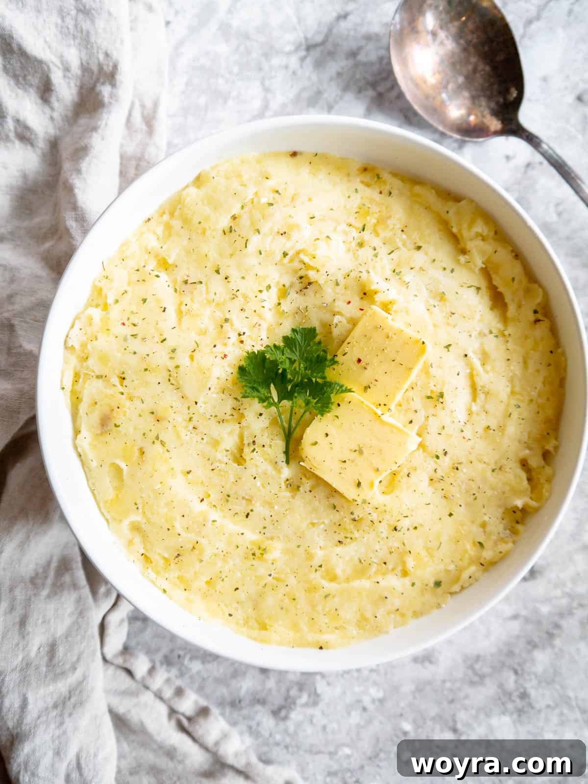 A bowl of smooth, creamy mashed potatoes with cottage cheese, ready to be served.
