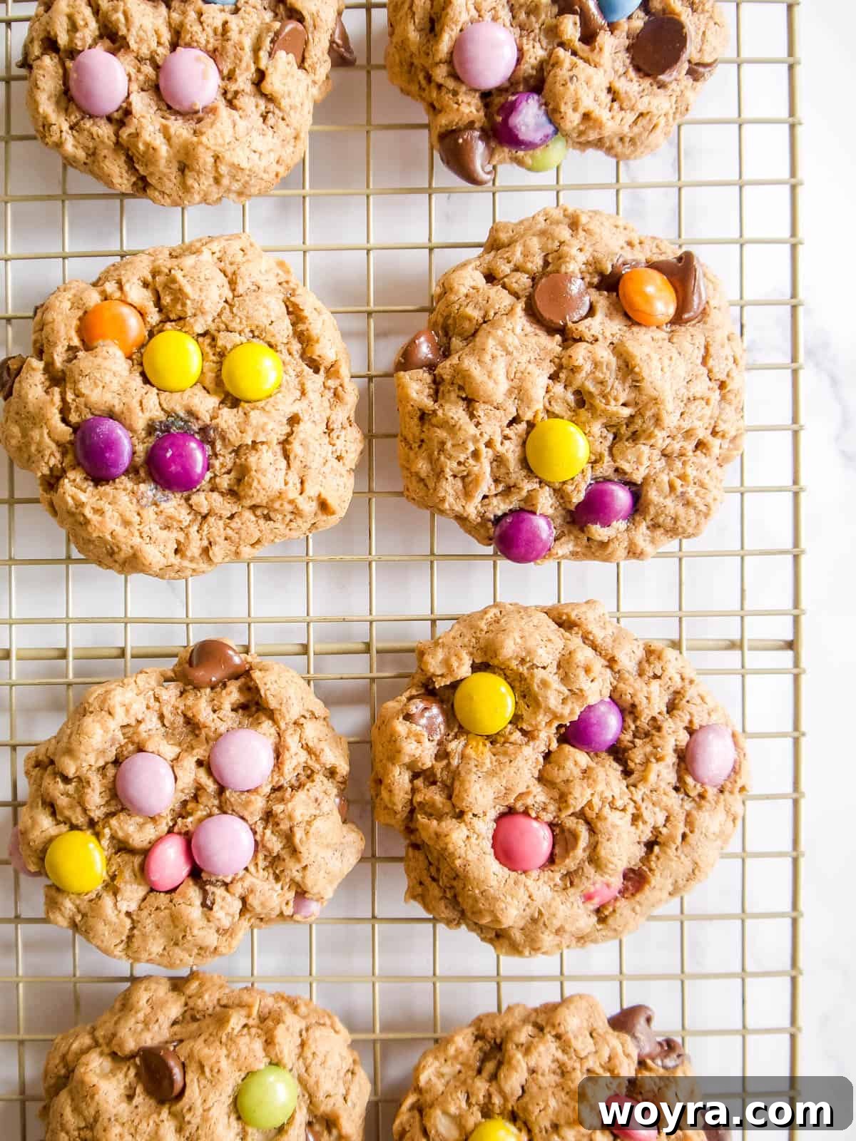 Giant Gluten-Free Flourless Almond Butter Cookies 11 Gluten-free monster cookies perfectly arranged on a cooling rack after baking.