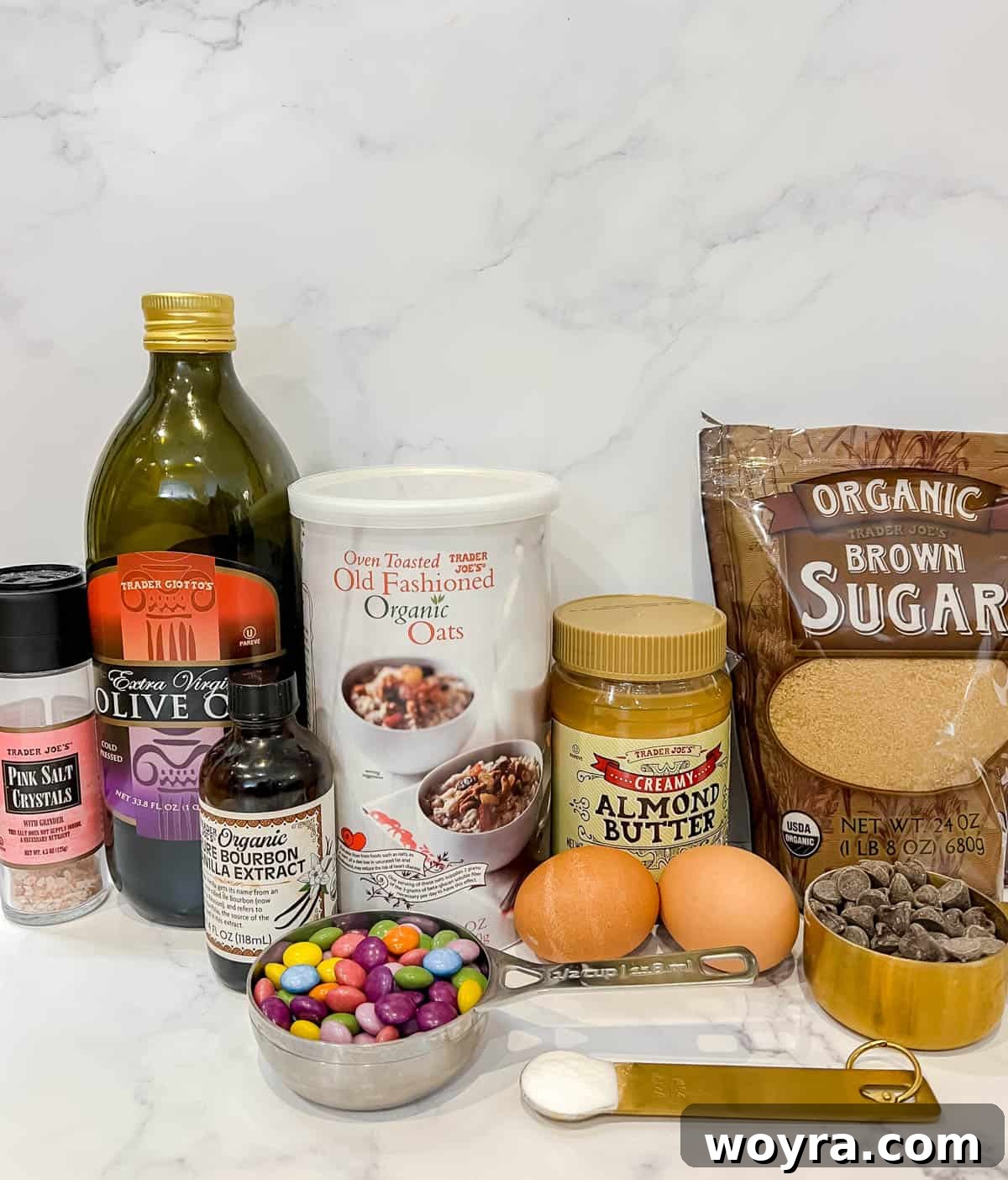 Giant Gluten-Free Flourless Almond Butter Cookies 4 All the necessary ingredients neatly arranged for baking almond butter flourless monster cookies.