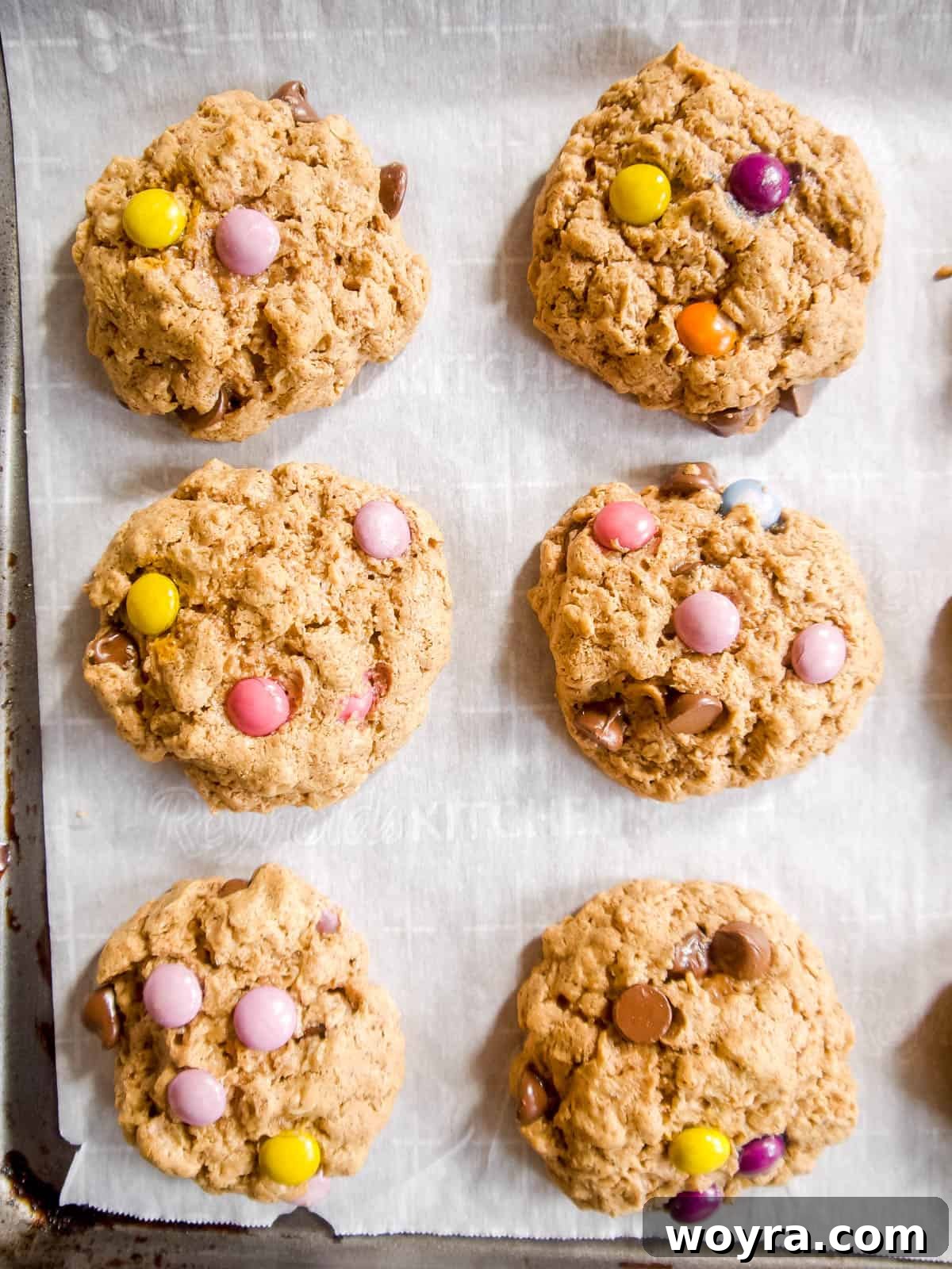 Giant Gluten-Free Flourless Almond Butter Cookies 10 Freshly baked flourless monster cookies cooling on a baking sheet after coming out of the oven.
