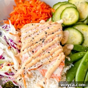 Fresh salmon rice bowl with spicy mayo on top.