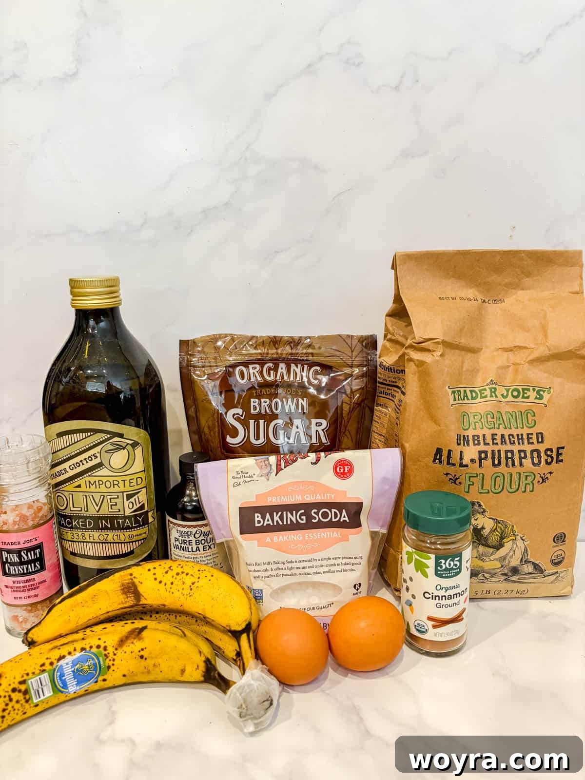 Mediterranean Banana Bread 3 Collection of fresh ingredients arranged on a counter, essential for baking olive oil banana bread.