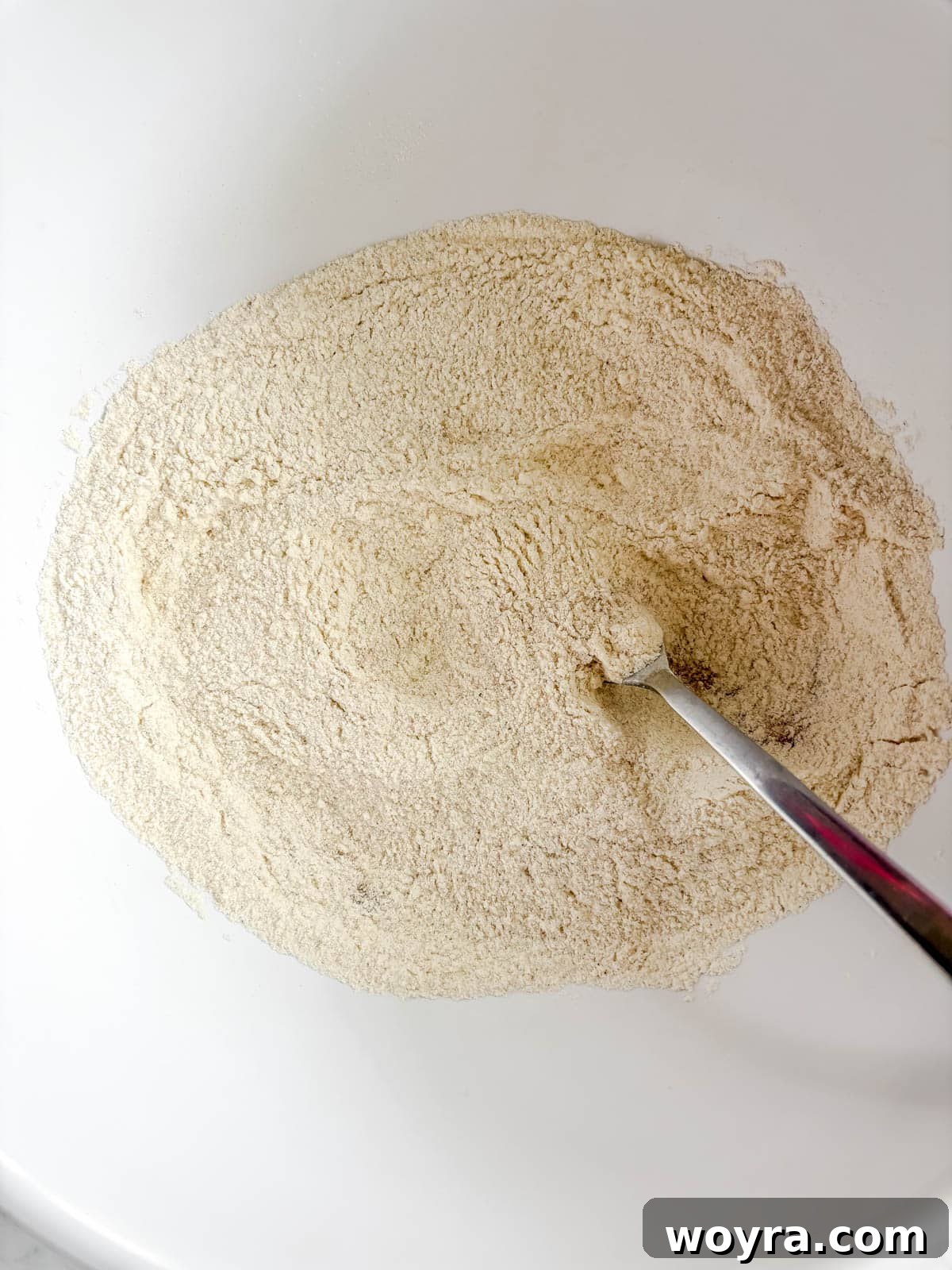 Dry ingredients for dairy-free pumpkin bread mixed in a bowl.
