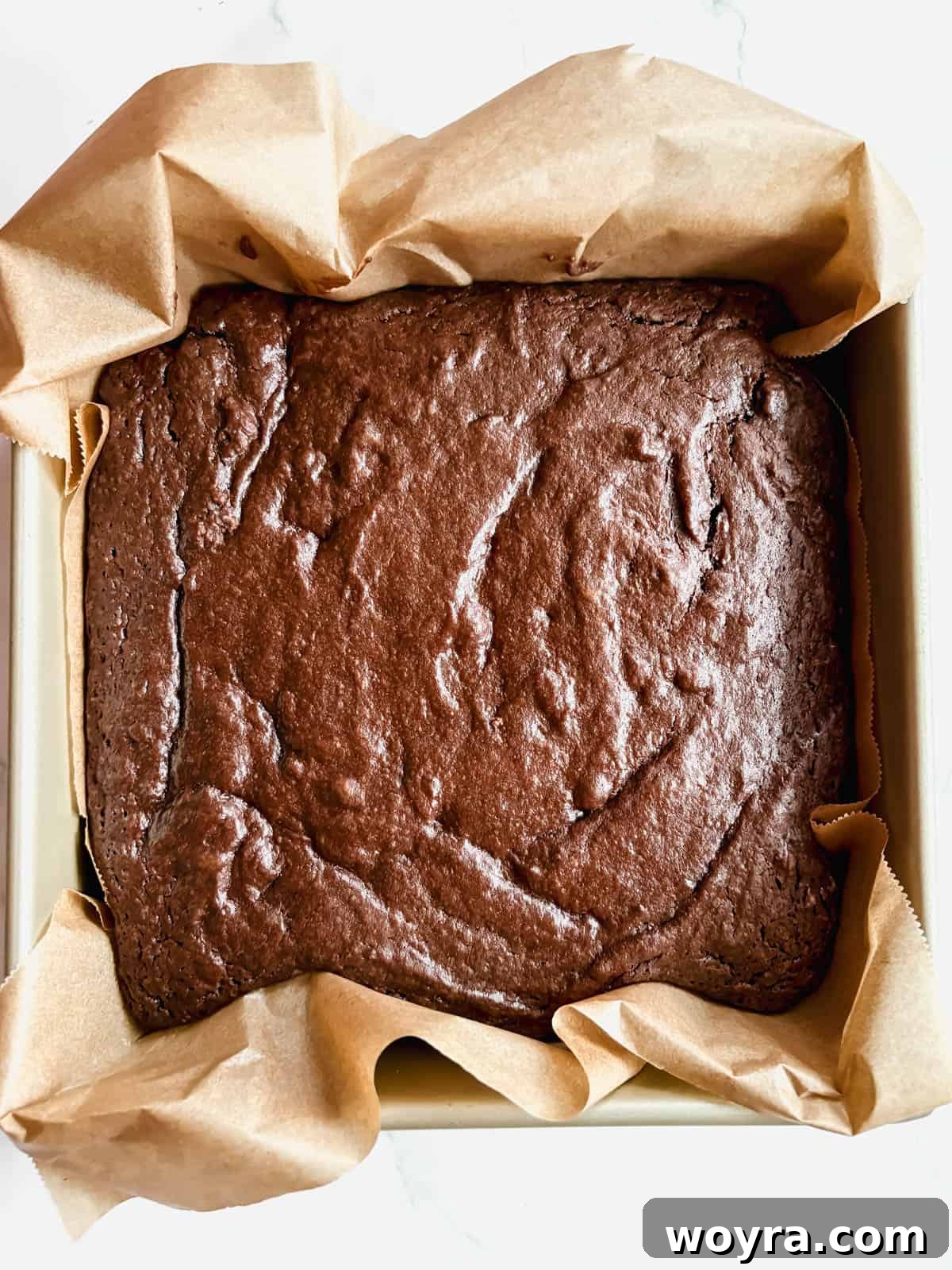 Silky Olive Brownies 10 A pan of perfectly baked olive oil brownies, golden-brown and slightly cracked on top, still warm from the oven.
