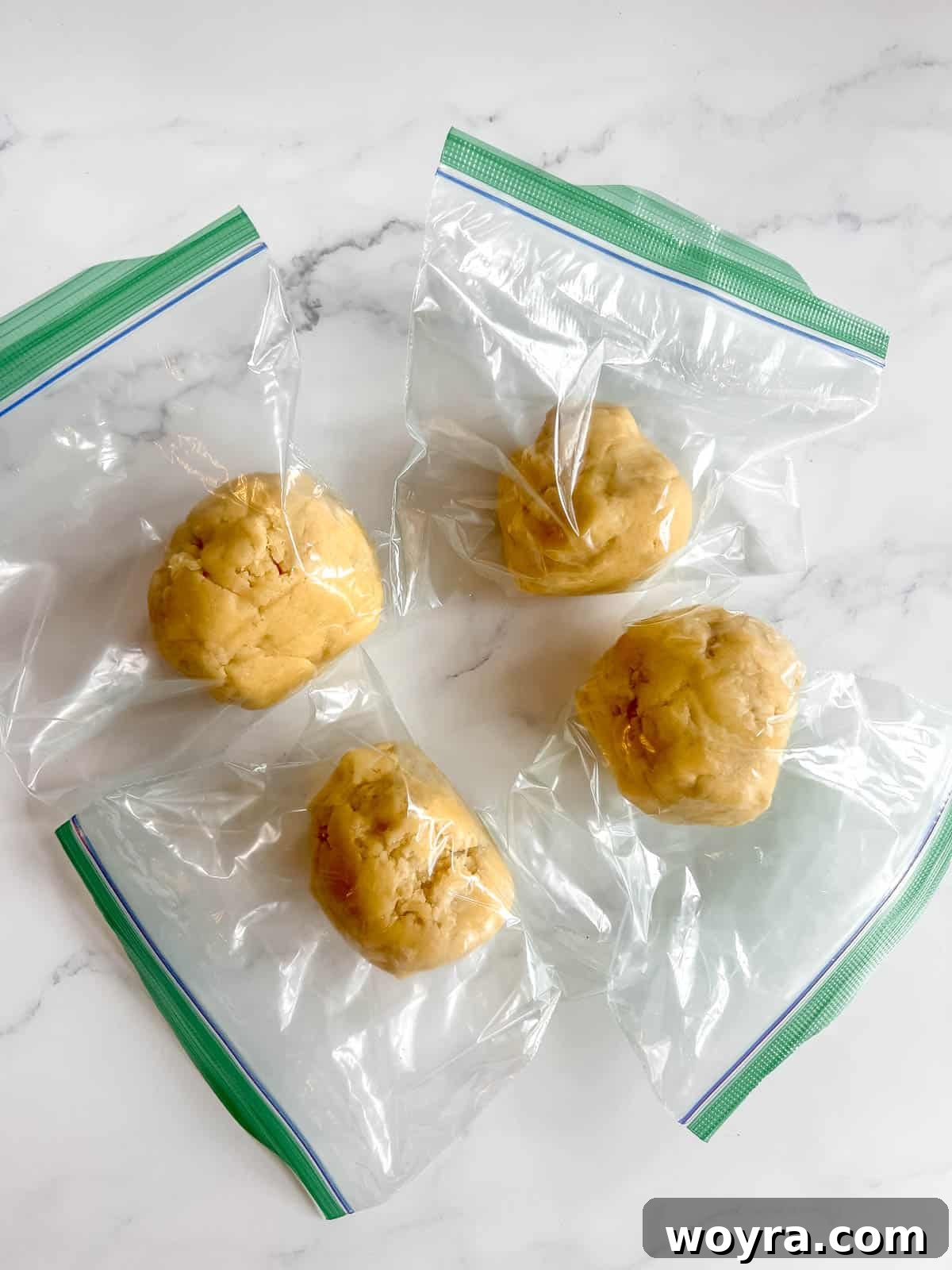 Perfectly Shaped Sable Delights 9 Portioned Cut Out Sugar Cookie dough being placed into plastic bags for refrigeration.