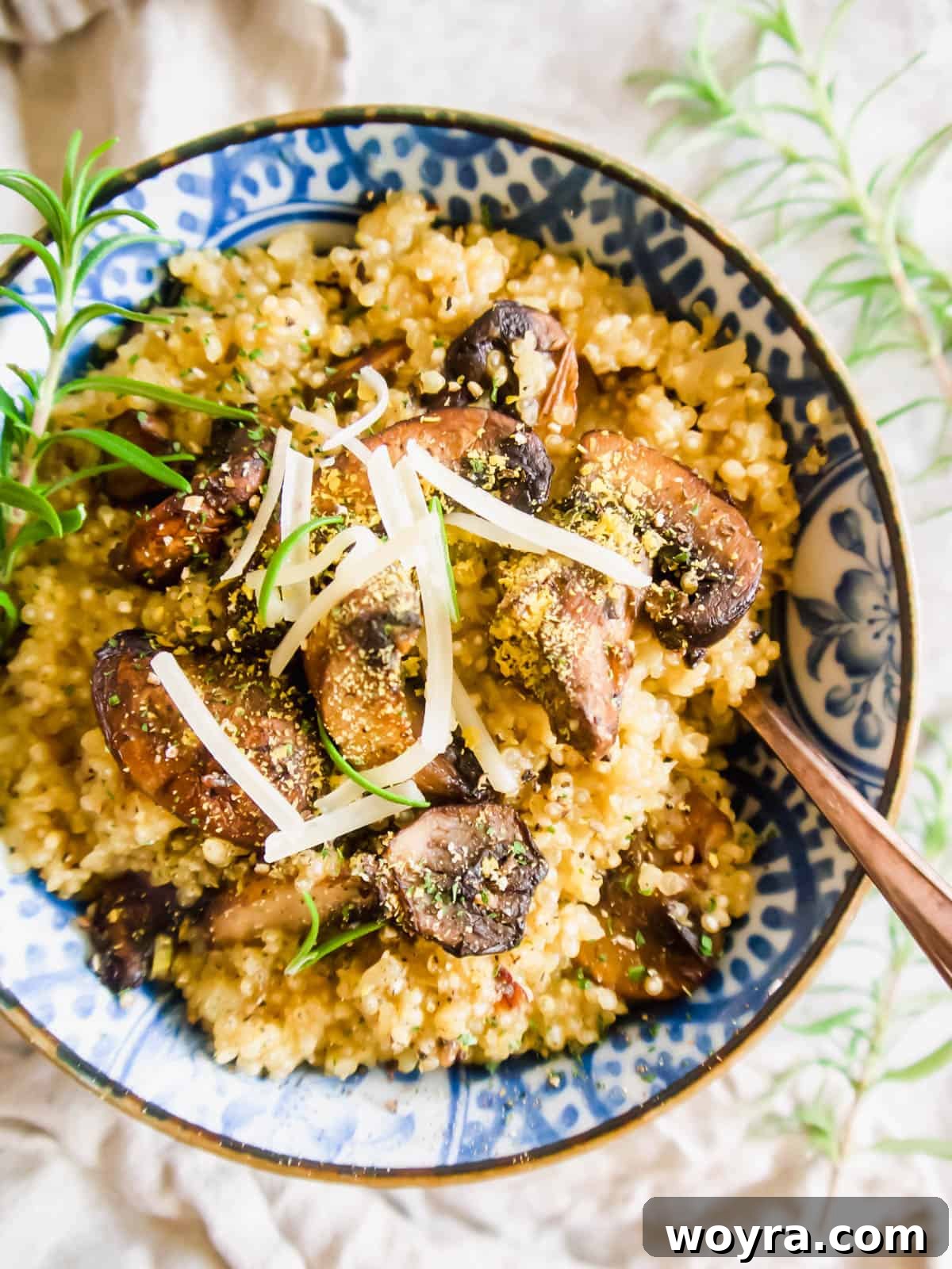 Velvety Mushroom Quinoa Risotto 3 Aerial view of creamy quinoa risotto in a bowl with sautéed mushrooms and grated Parmesan cheese on top, ready to be enjoyed.