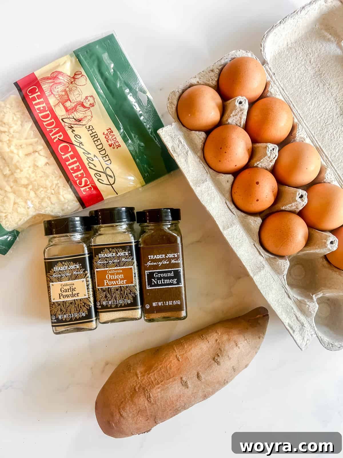 Sweet Potato Bacon Breakfast Nests 2 Ingredients needed to make these Sweet Potato Egg Cups with Bacon, including eggs, sweet potato, bacon, and seasonings.