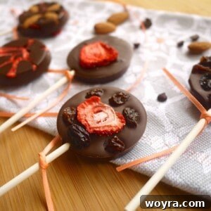 Dried Fruit and Chocolate Lollipops on a napkin.