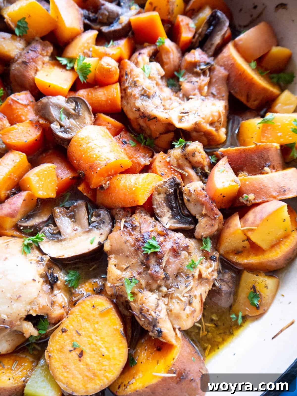 A close-up shot of cooked Dutch Oven Maple Peach Chicken Thighs, highlighting the glazed chicken, soft peaches, and colorful vegetables.