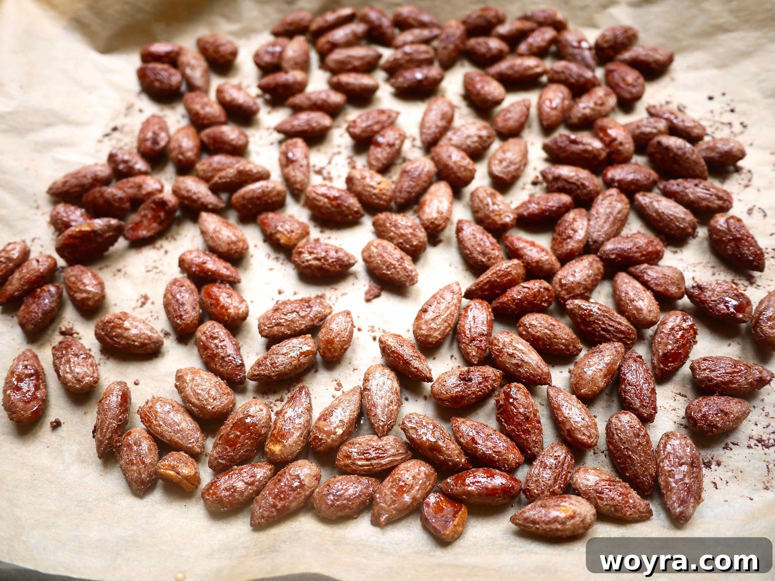 Warm Cinnamon Maple Roasted Almonds 4 A close-up shot of healthy candied almonds spread out on a baking sheet, glistening after roasting.