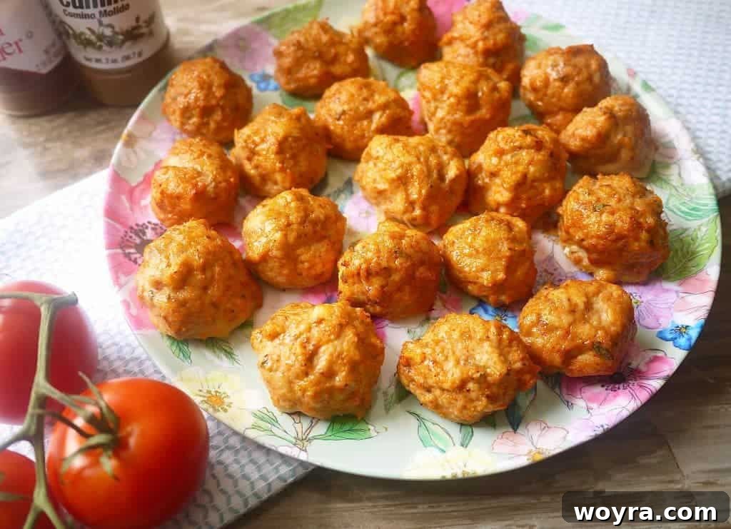 Paleo Chicken Taco Poppers 4 Array of Paleo Chicken Taco Meatballs on a serving platter, highlighting their perfect golden hue and readiness to serve. Courtesy of Perchance to Cook.