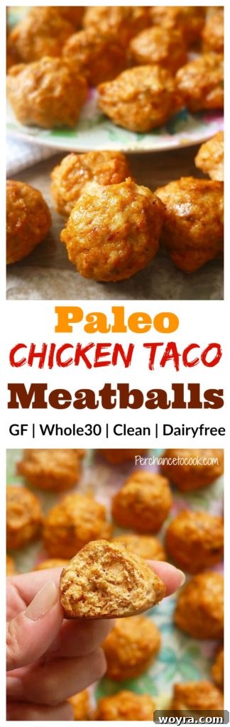 Paleo Chicken Taco Poppers 7 Stacked Paleo Chicken Taco Meatballs, highlighting their appetizing appearance and easy grab-and-go nature. Courtesy of Perchance to Cook.