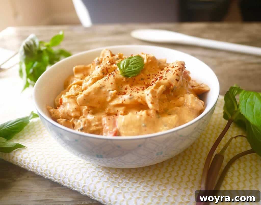 Red Coconut Curry Pulled Chicken in a serving bowl, ready to eat.