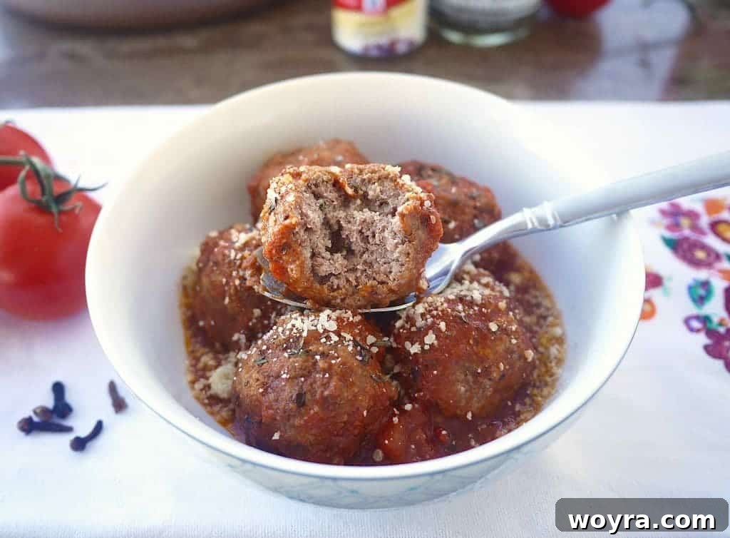 Savory Almond Flour Meatballs with Rich Sauce 3 A close-up shot of a gluten-free Italian meatball in a bowl, with a small bite taken out, showing its tender texture.