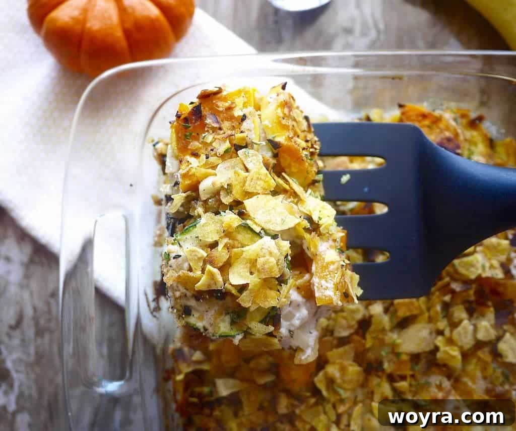 Paleo Friendly Squash Au Gratin 9 Finished Squash Au Gratin topped with crushed plantain chips, ready to eat.