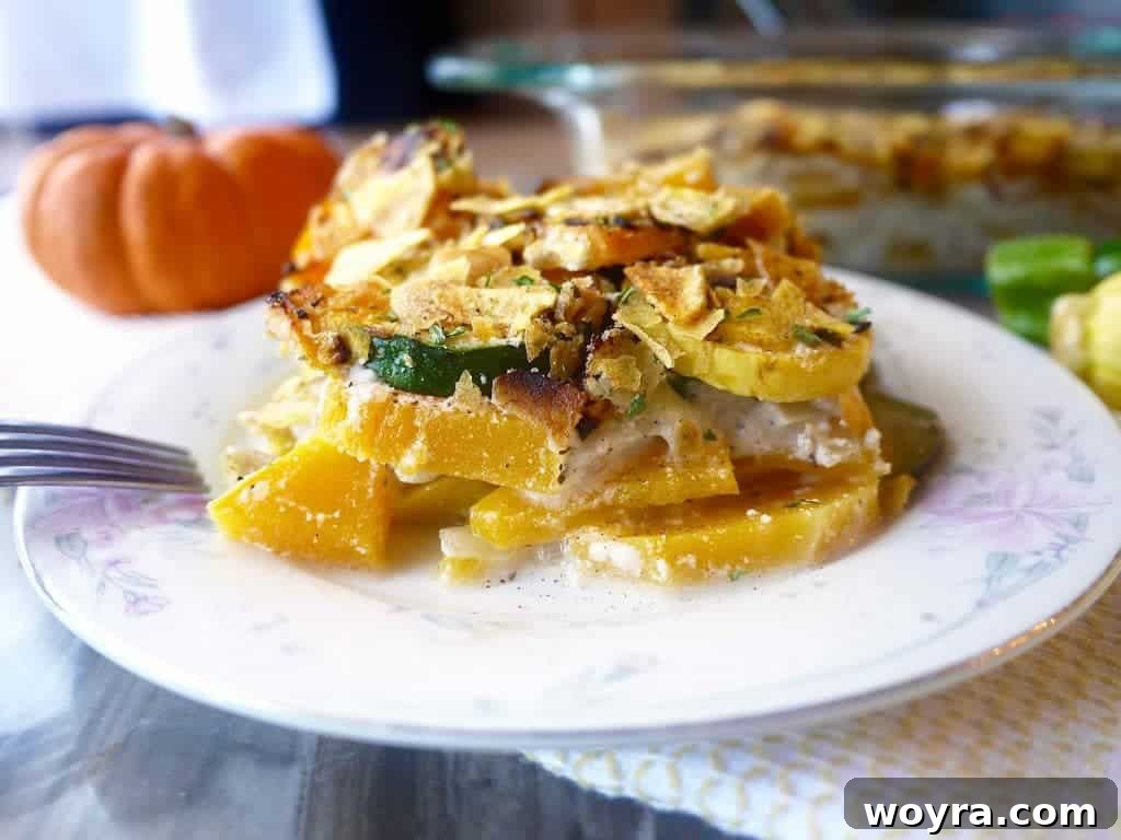 Paleo Friendly Squash Au Gratin 10 A serving of Squash Au Gratin on a plate, showcasing its creamy texture and crispy topping.