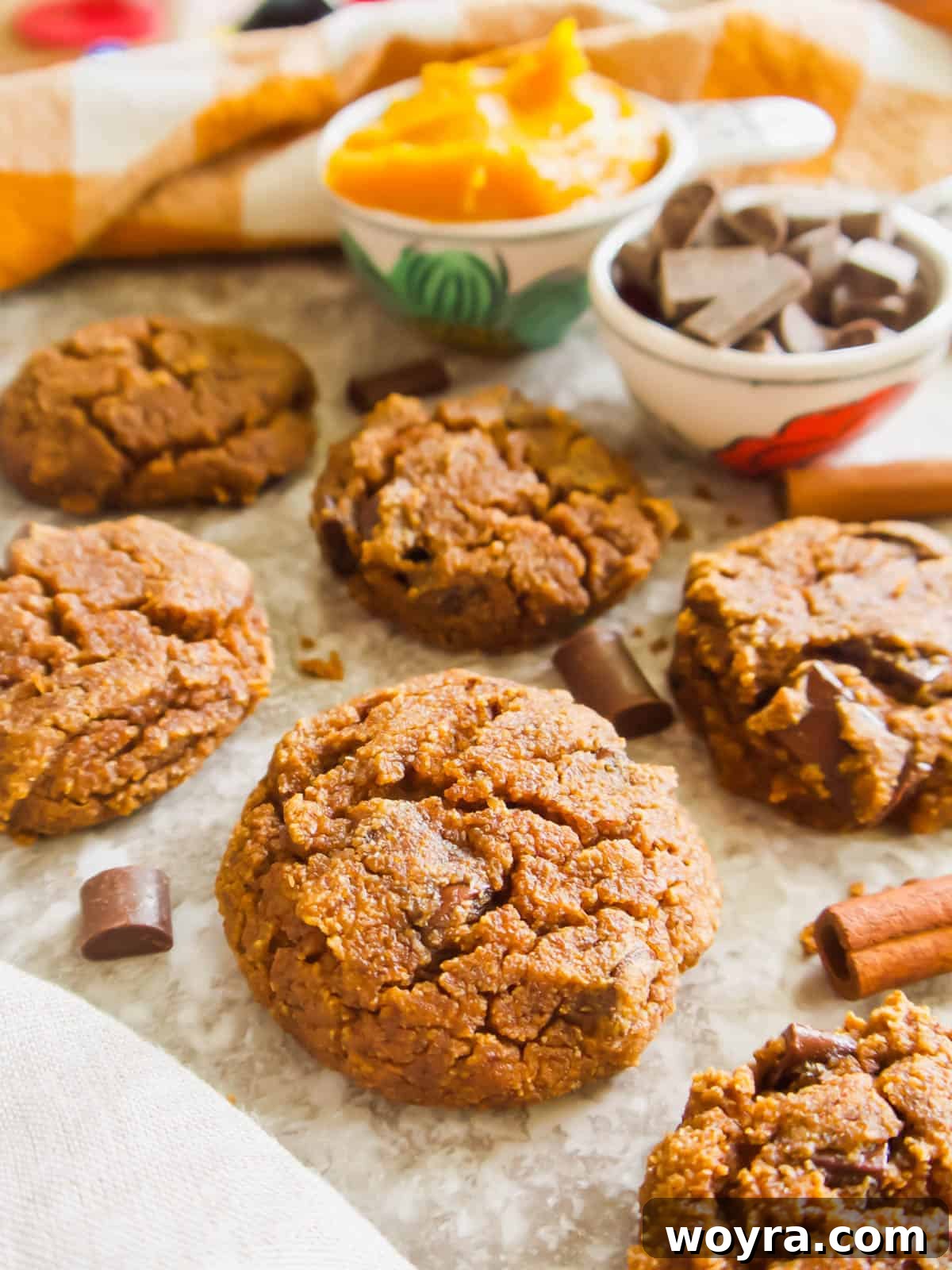Grain-Free Paleo Pumpkin Cookies 3 Almond flour pumpkin cookies with chocolate, pumpkin puree, and cinnamon around them.