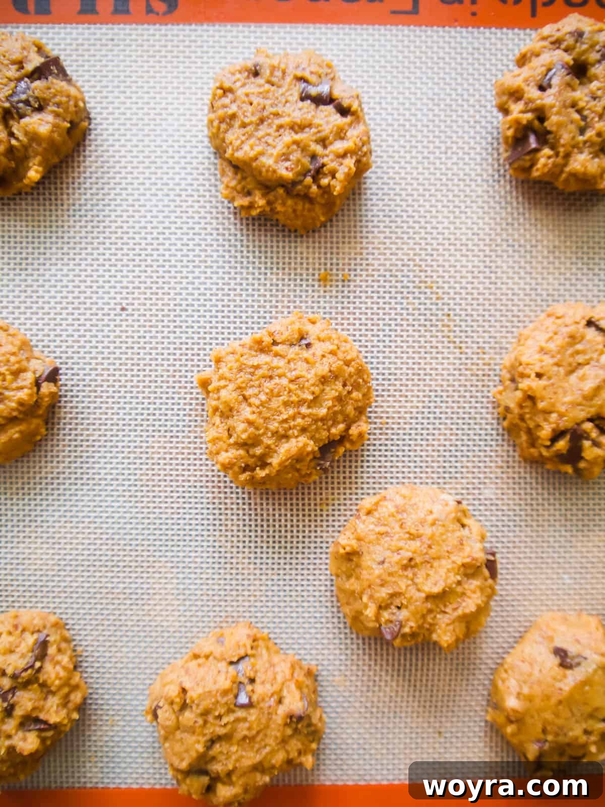 Grain-Free Paleo Pumpkin Cookies 4 Healthy Pumpkin Chocolate Chip Cookies dough balls before baking on a baking sheet.