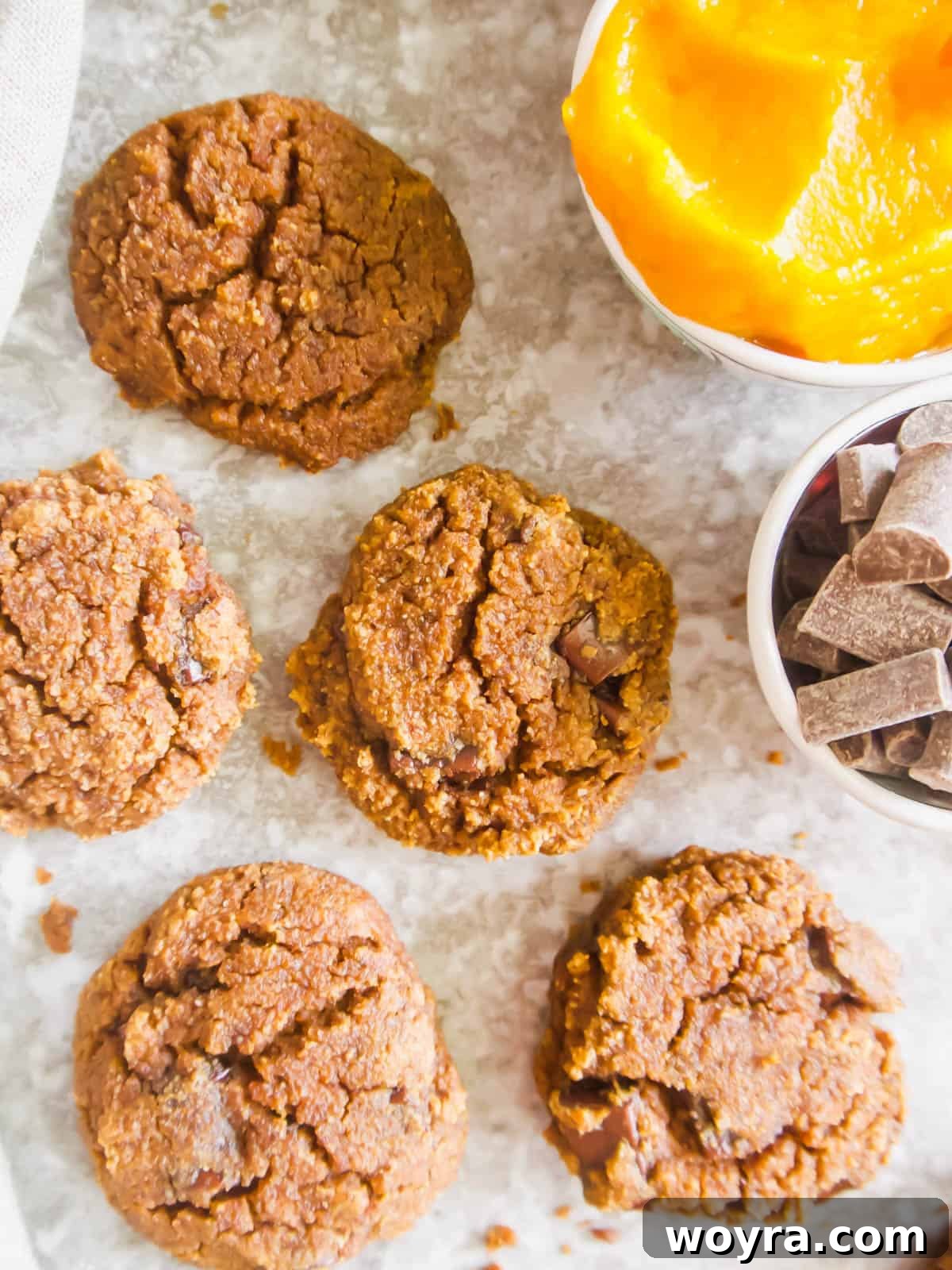 Grain-Free Paleo Pumpkin Cookies 5 Healthy Pumpkin Chocolate Chip Cookies perfectly baked on a baking sheet.