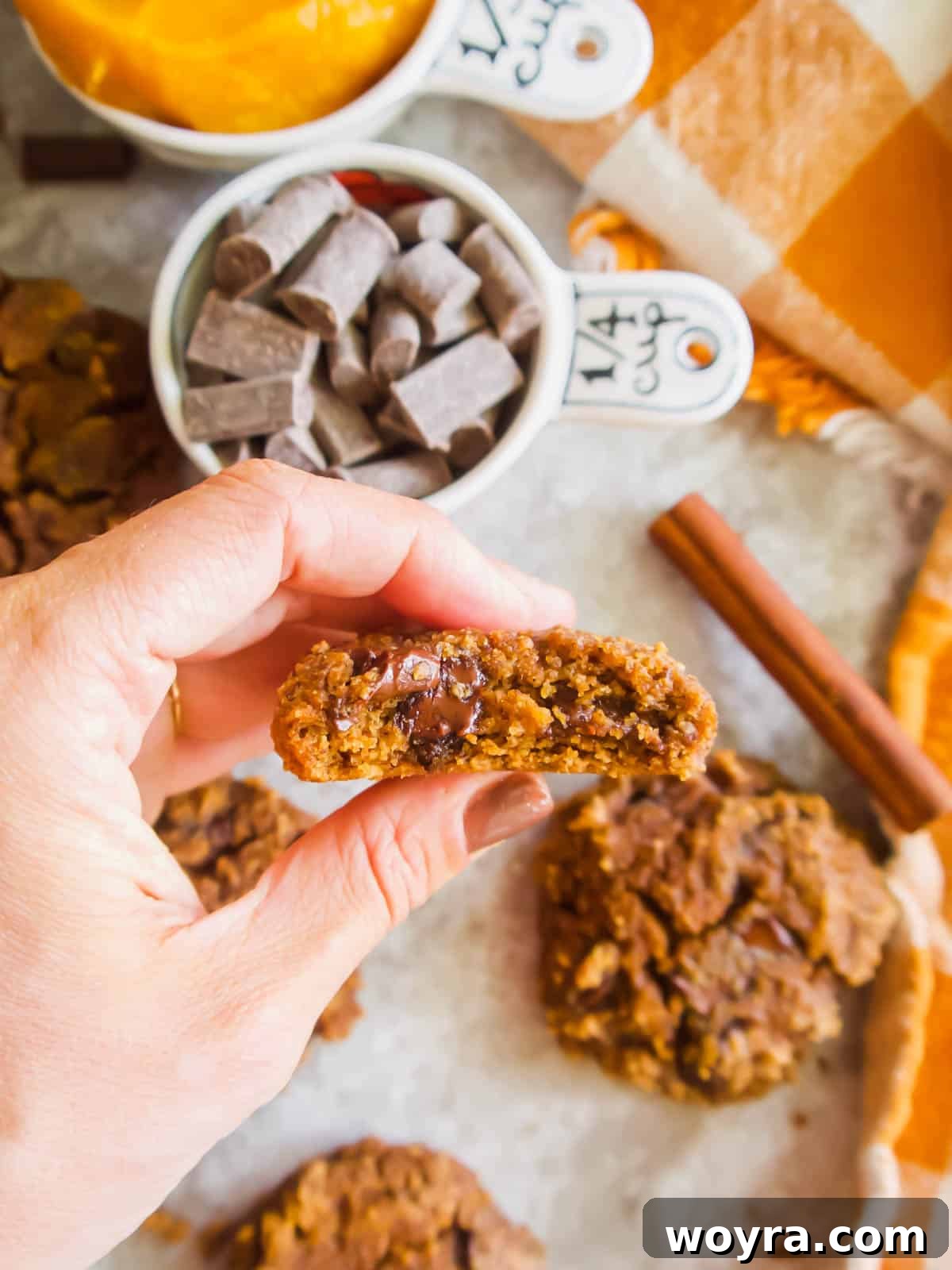Grain-Free Paleo Pumpkin Cookies 6 Paleo Pumpkin Chocolate Chip Cookies held in hand with a bite taken out, showing the soft interior.