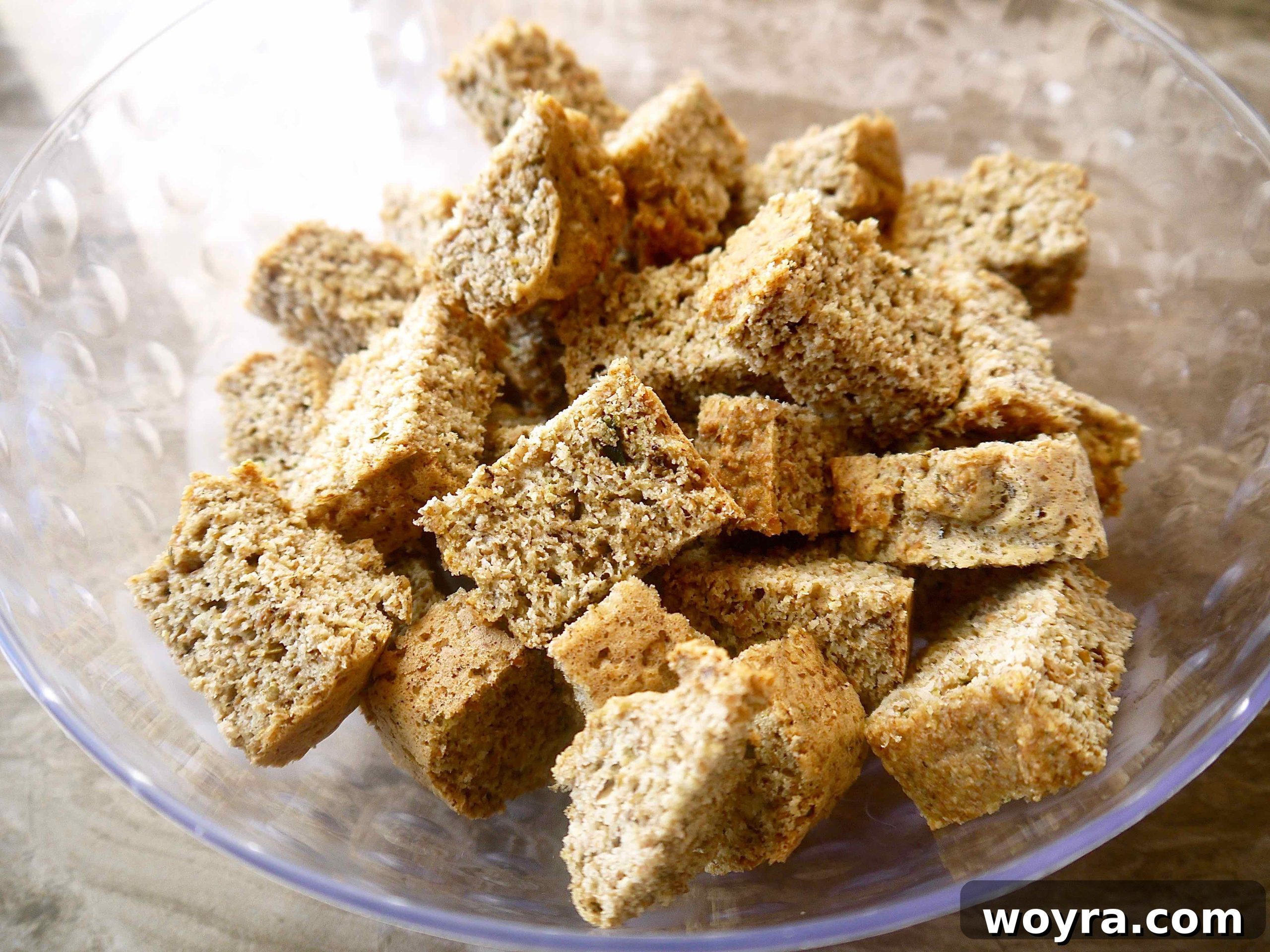 Cubed pieces of flaxseed bread in a mixing bowl, ready to be added to the stuffing base.