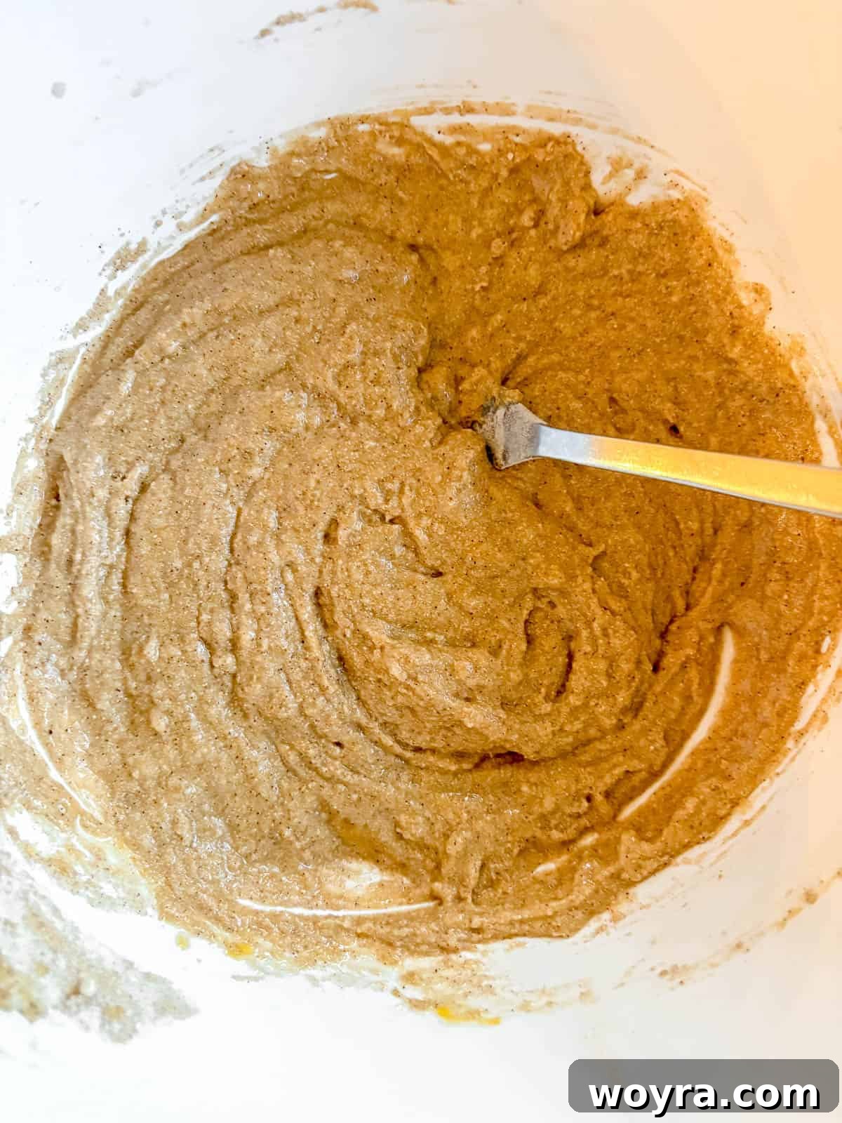 Rustic Chestnut Flour Coffee Cake 6 Chestnut flour coffee cake batter in a bowl after mixing wet and dry ingredients.
