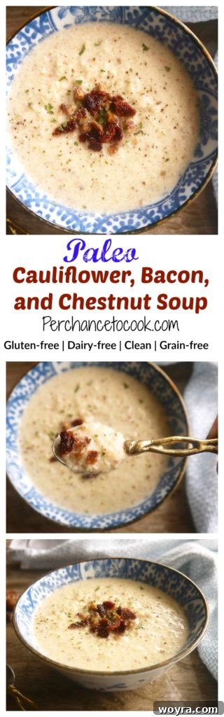 Primal Bacon Chestnut Cauliflower Soup 6 A small bowl of Paleo Cauliflower, Bacon, and Chestnut Soup, showing its inviting texture and rich color, on a rustic background.