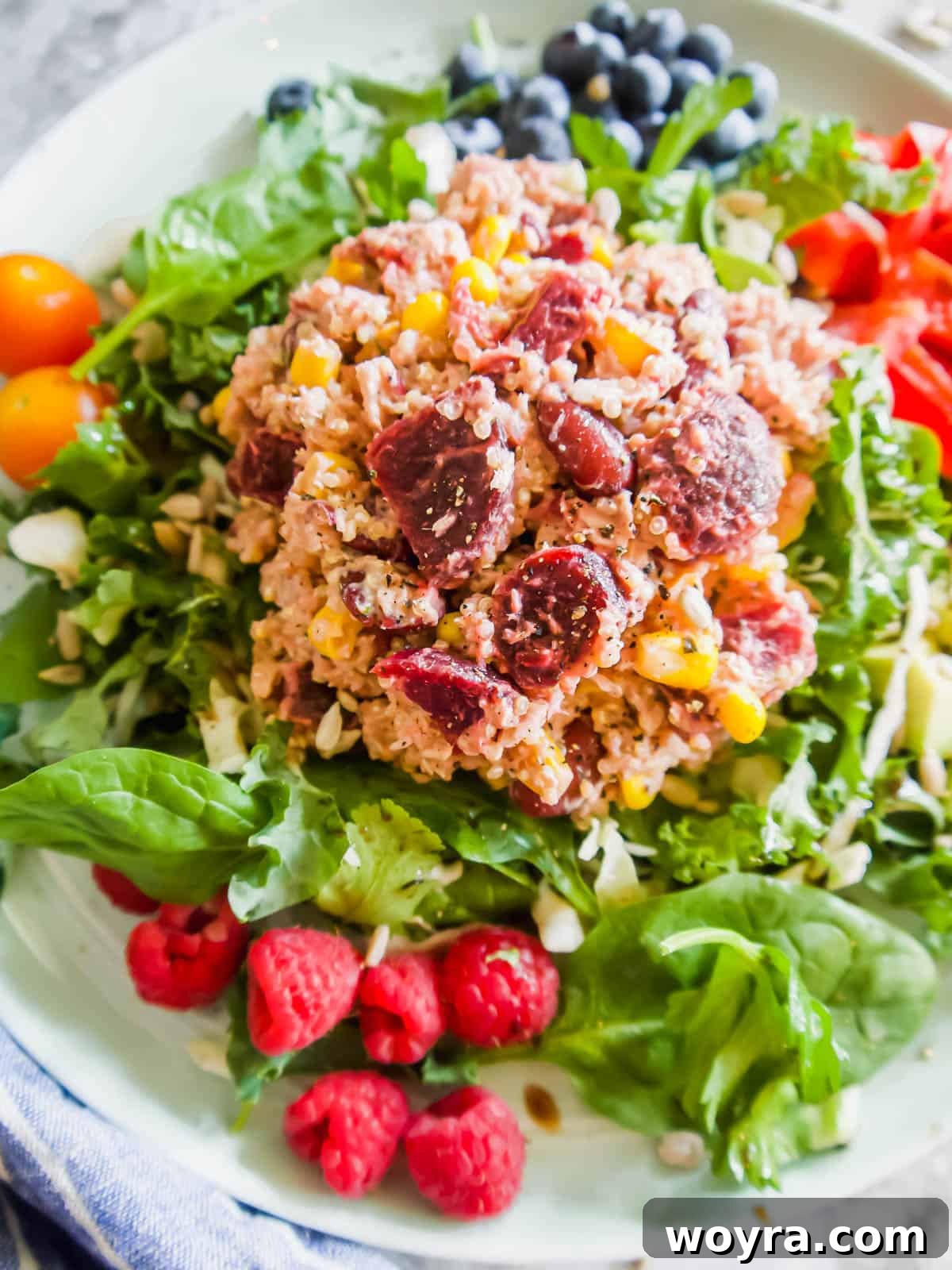Vibrant Quinoa Beet Tuna Salad 10 A close-up shot of the Quinoa Beet Tuna Salad on a white plate, showing the rich textures of quinoa, beets, corn, and tuna, accompanied by fresh cucumber and a sliced orange.