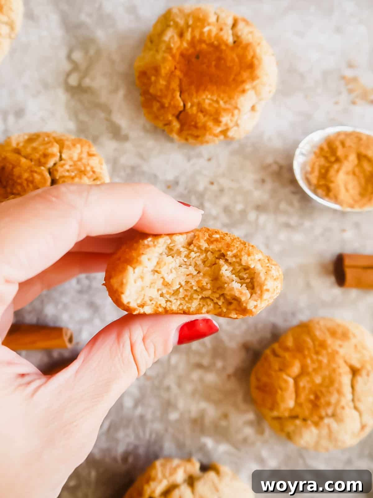 Chewy Paleo Snickerdoodles 2 Paleo Snickerdoodles in ones hands.