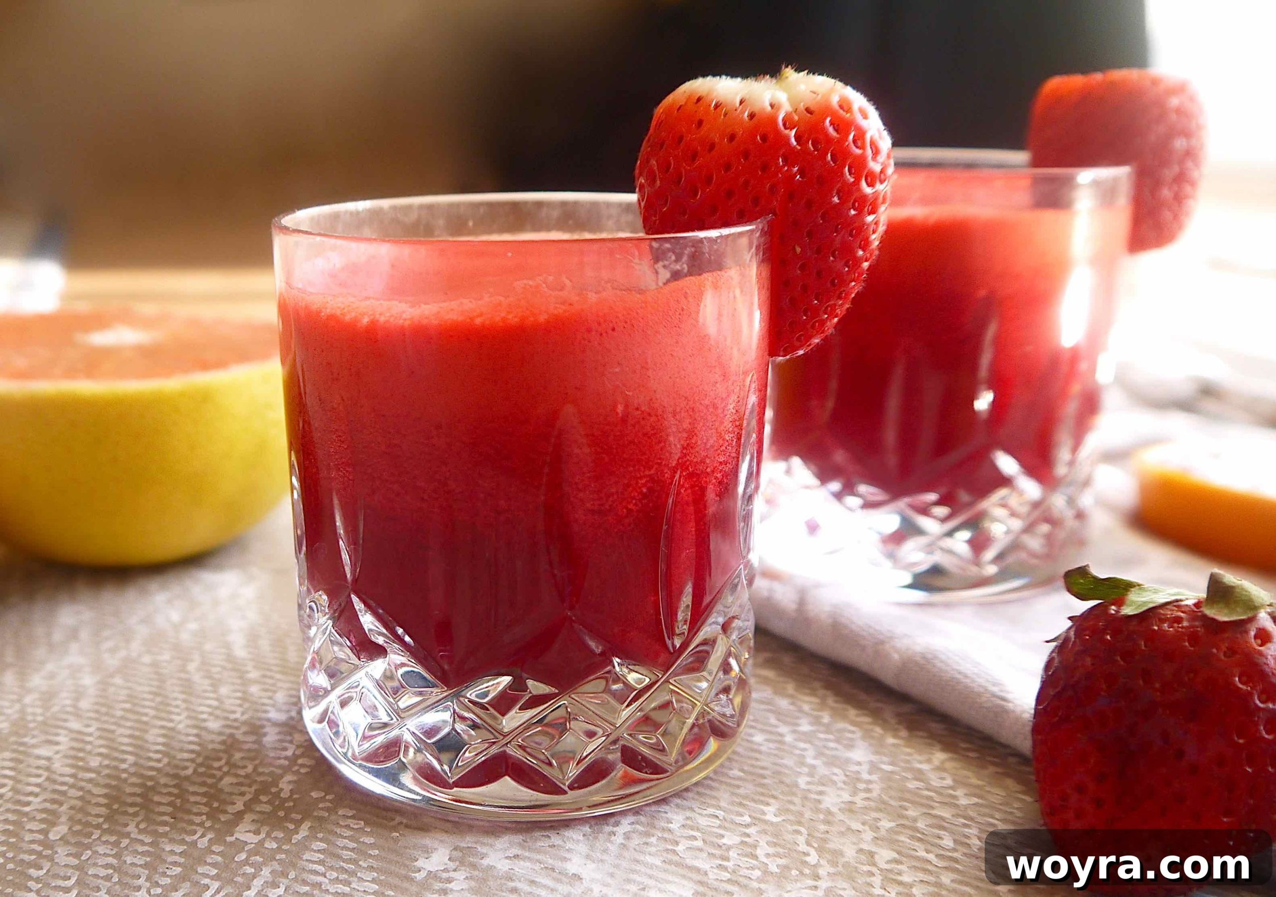 Red Root Berry Bliss 5 A side angle view of a glass of the strawberry and beet juice, showcasing its natural color and freshness.
