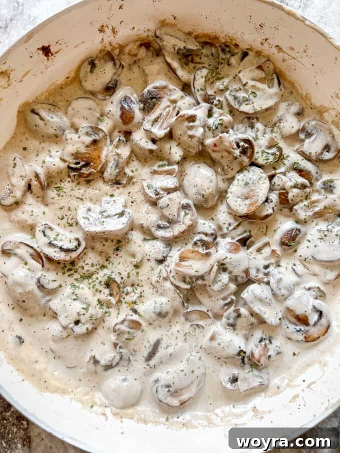 Creamy Vegan Paleo Mushroom Sauce 7 Dairy-free mushroom sauce mixed and simmering in a pan, ready to serve.