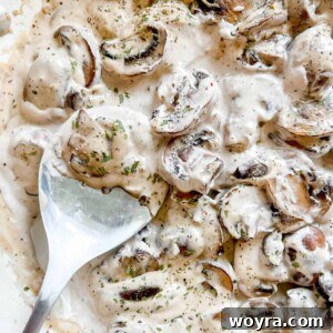 Dairy free mushroom sauce in a pan with a large spoon in it.
