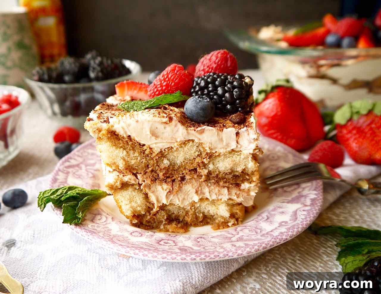 Tropical Coconut Tiramisu 15 Another beautiful shot of the Coconut Cream Tiramisu, showcasing its layers and vibrant toppings.