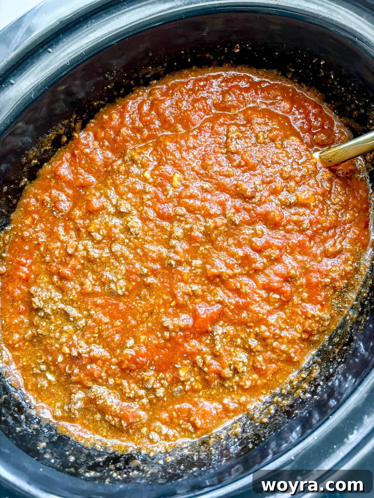 Meaty Slow Cooker Spaghetti Sauce 9 The slow cooker meat sauce mixture before cooking.