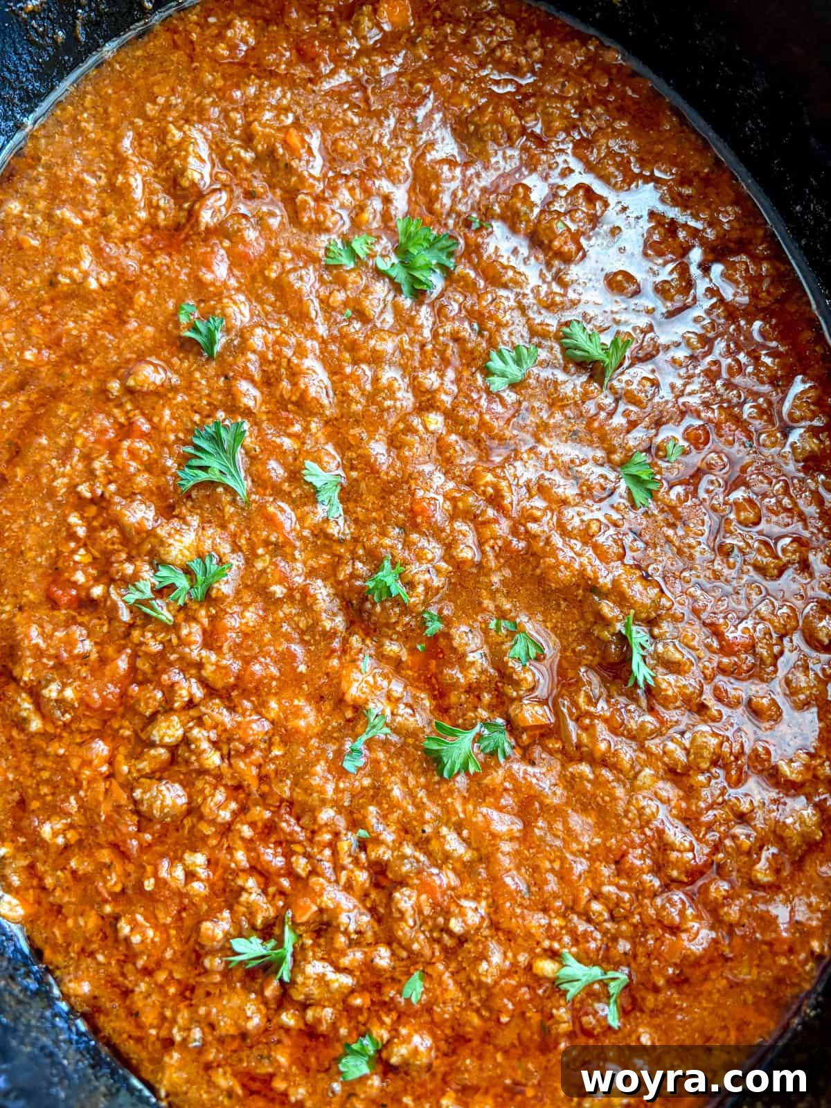 Meaty Slow Cooker Spaghetti Sauce 10 The slow cooker meat sauce after slow cooking, rich and thick.